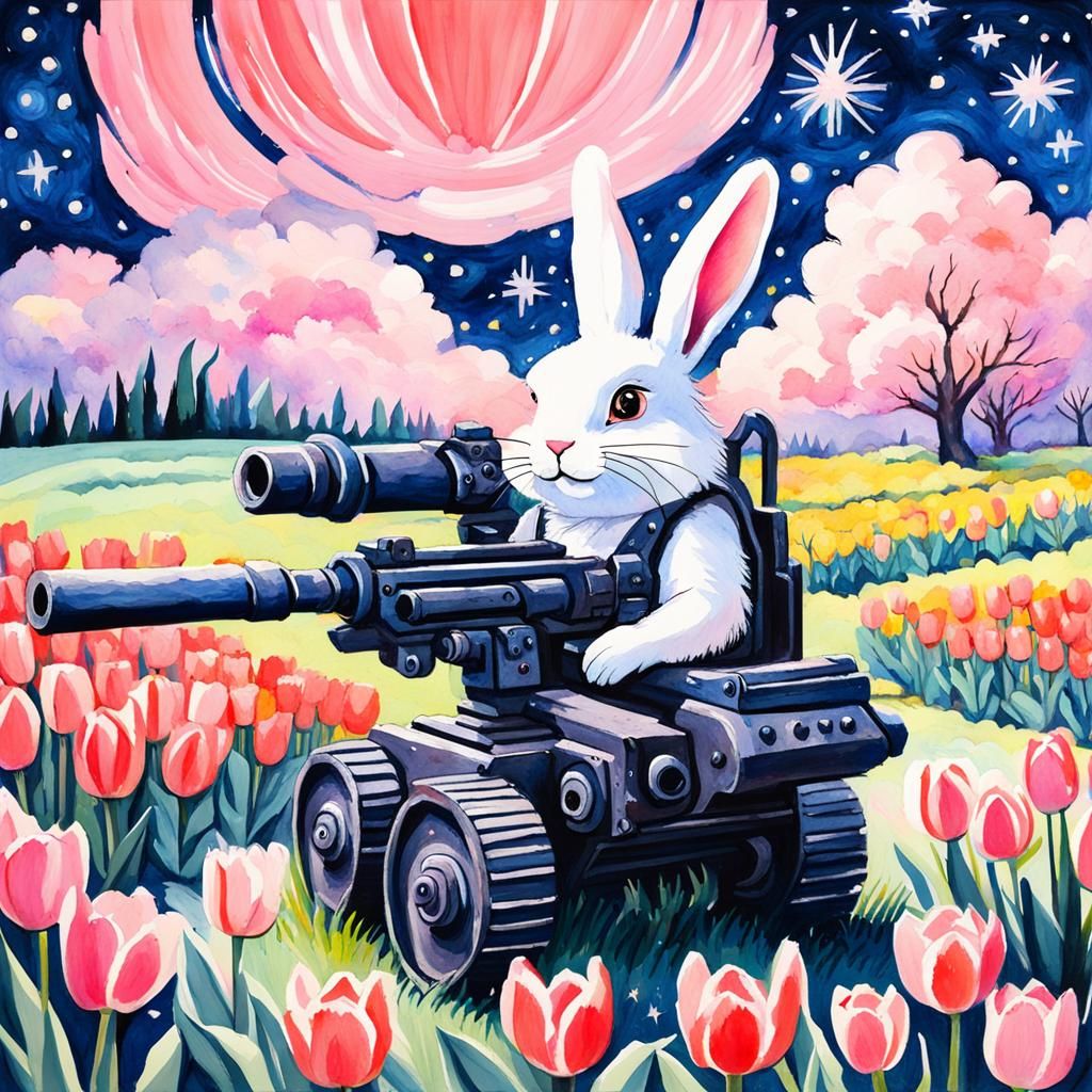 Fluffy Pink Rabbit with Minigun: Gouache Style
