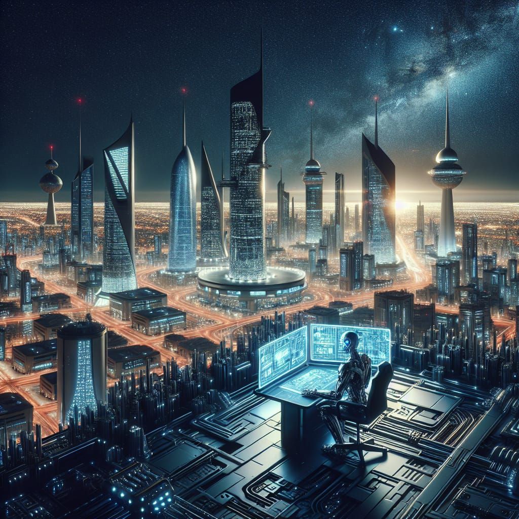 Futuristic Kuwait City Skyline at Night in Cyberpunk Style