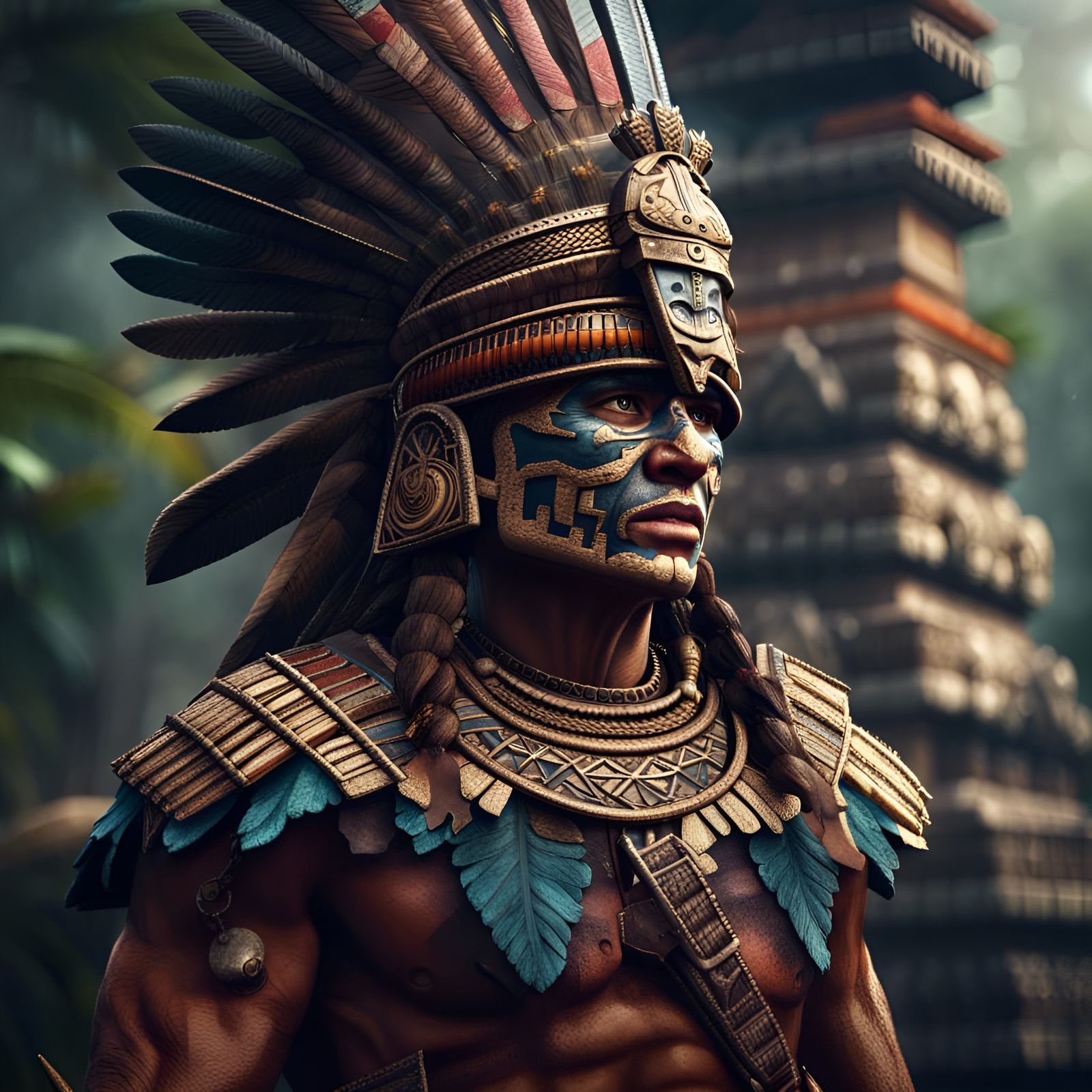 Aztec Warrior in Jungle, Realistic Detailed Rendering