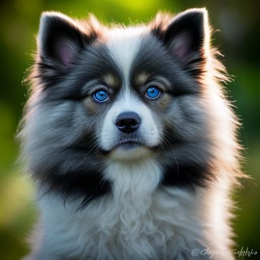 Fluffy Dog Portrait with Blue Eyes in McCurry Style