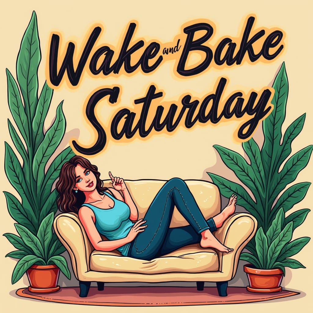 Vibrant Whimsy: Woman Surrounded by Greenery and Cartoonish ...