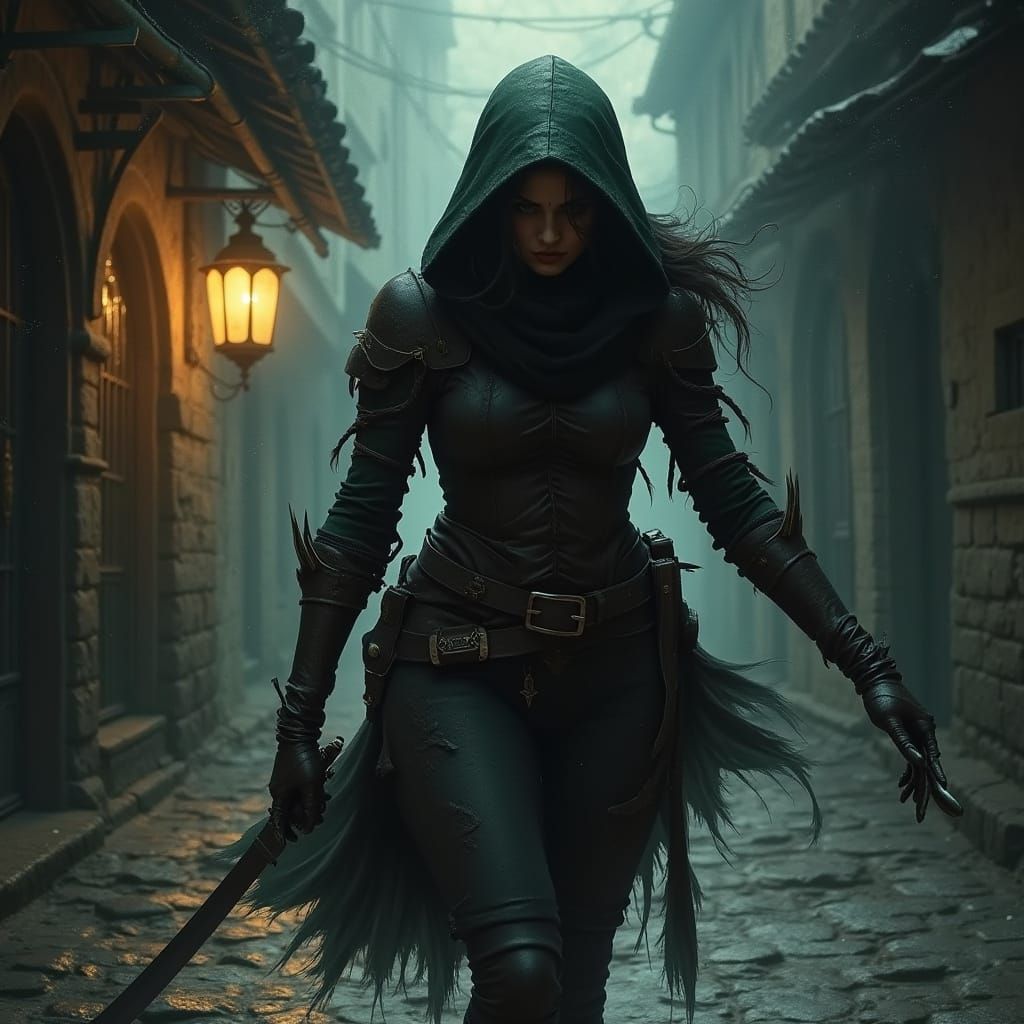 Sleek Wood Elf Shadow Warrior in Midnight Alley