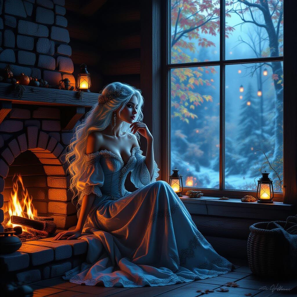 Ethereal Woman in Cozy Cabin, Fantastical Forest Outside