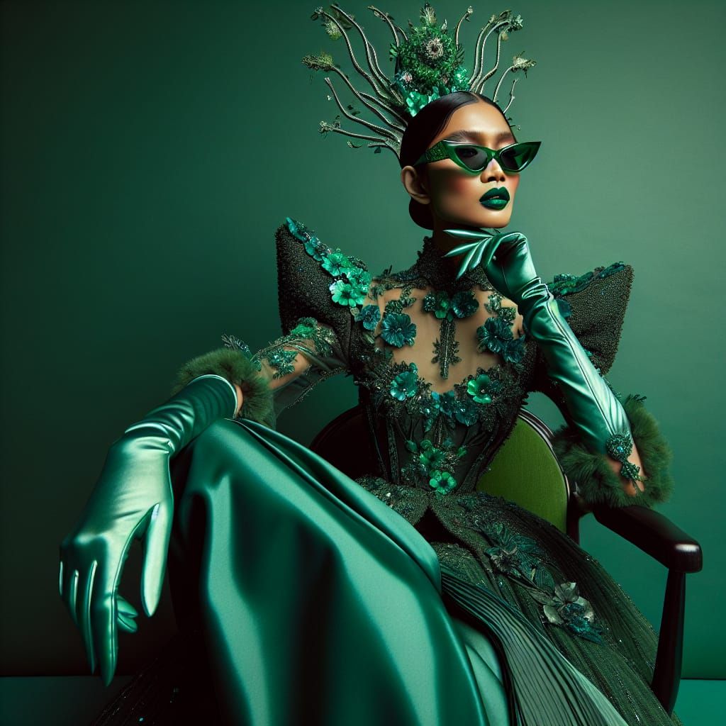 Elegant Avant-Garde South Asian Goddess in Emerald Green Reg...