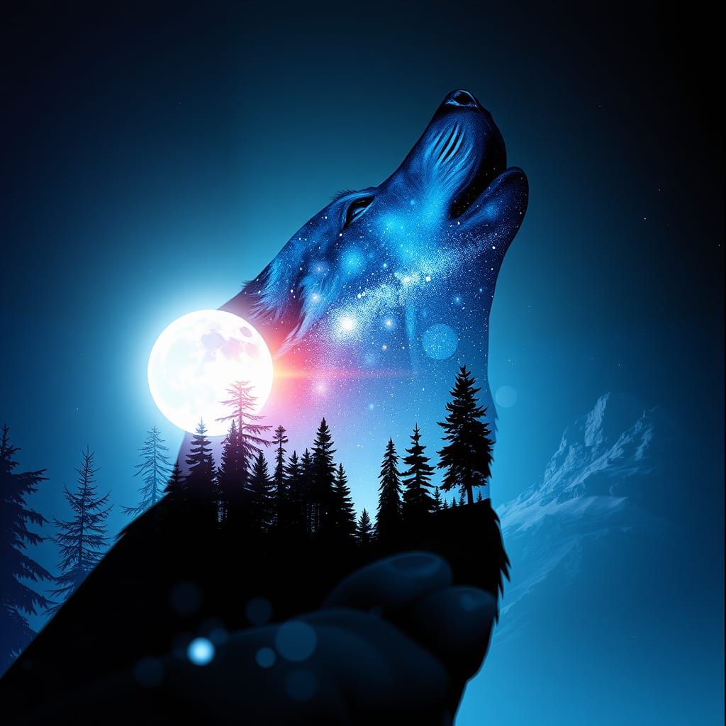 Wolf Howling in Cosmic Dreamscape: Cinematic Film Still