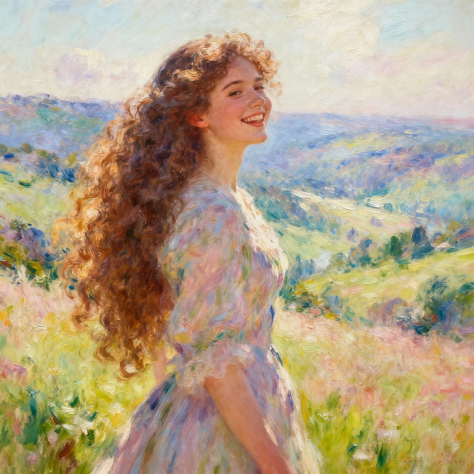 Joyful Woman with Voluminous Curly Hair in Beautiful Landsca...