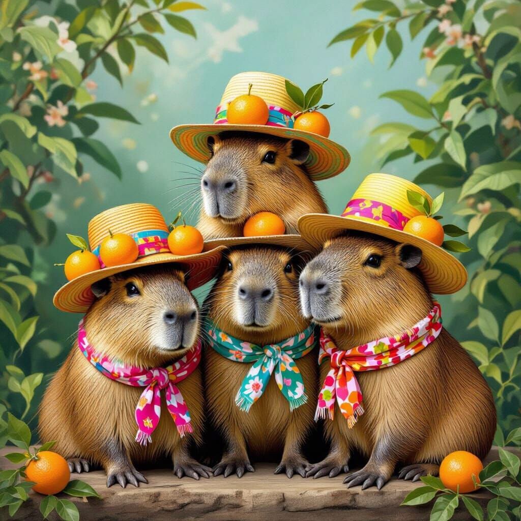 Capybaras Stacked with Oranges in Whimsical Style