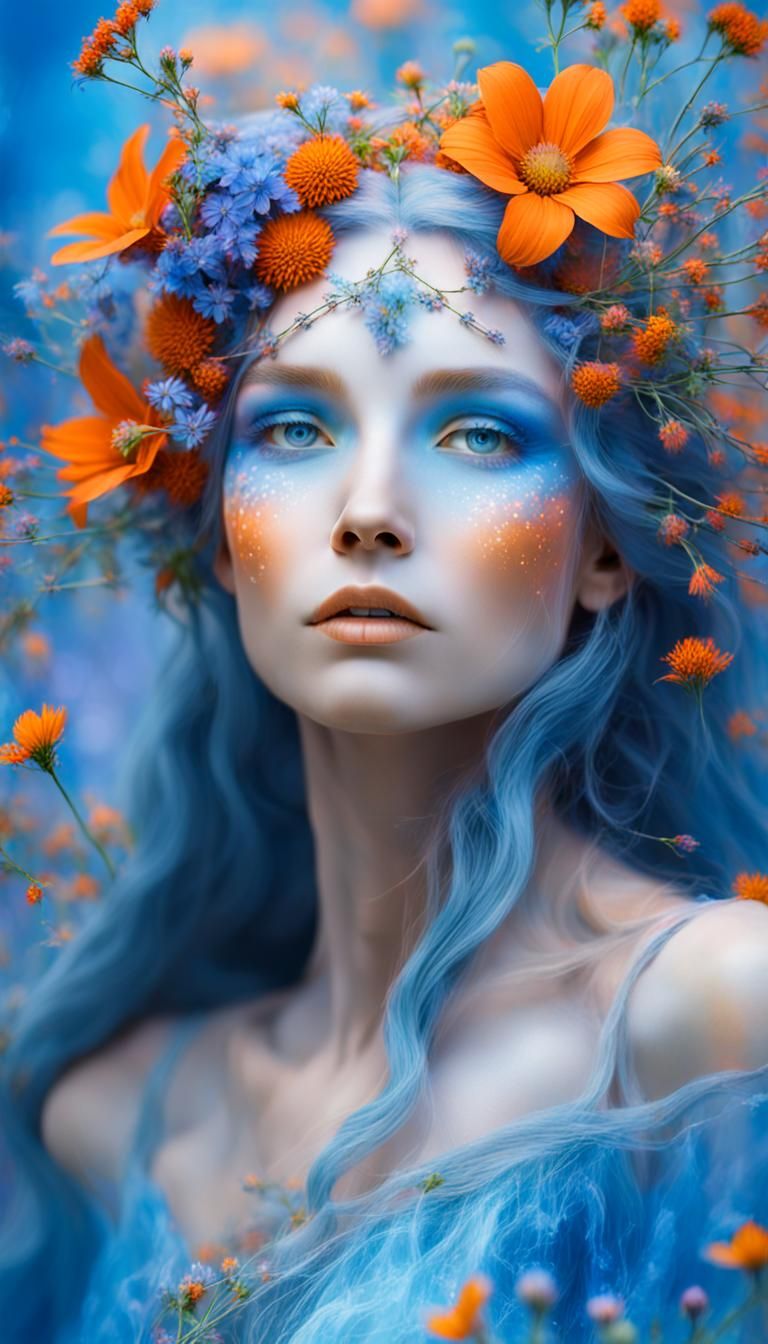 fairy goddess of wildflowers ethereal,dreamscape, blue and o...