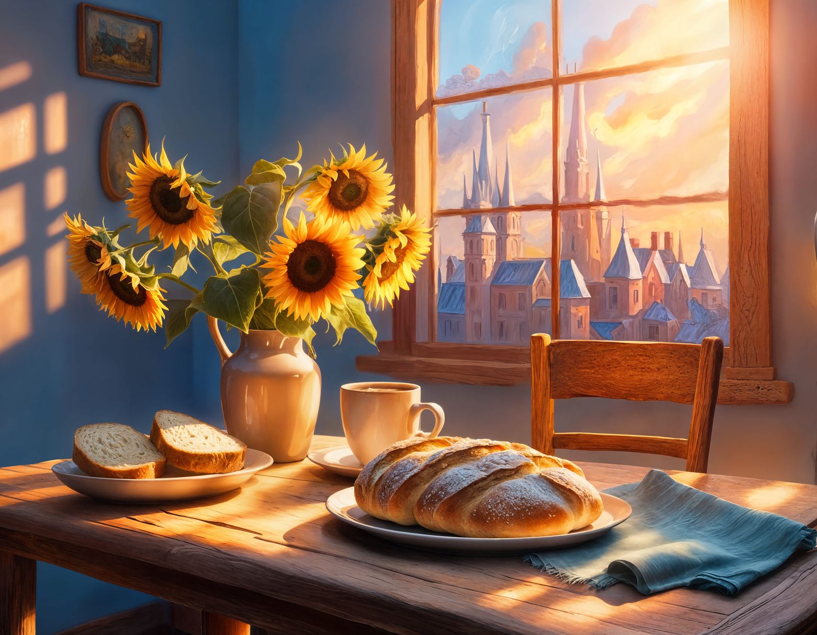 Rustic Kitchen Table Still Life with Bread and Coffee