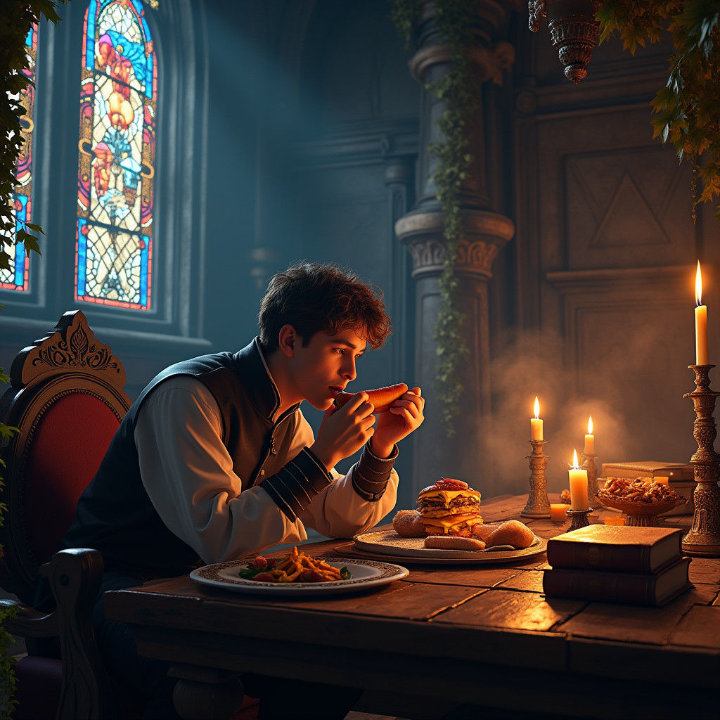 Medieval Feast: Person Devouring Frankfurt in Gothic Chamber