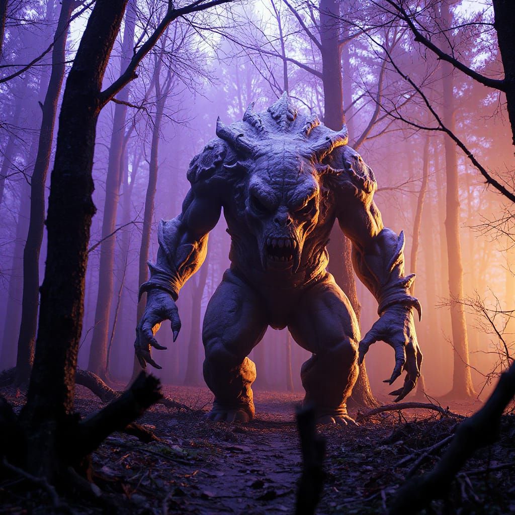 Clay Golem Stalks Haunted Wood in Dark Fantasy Art