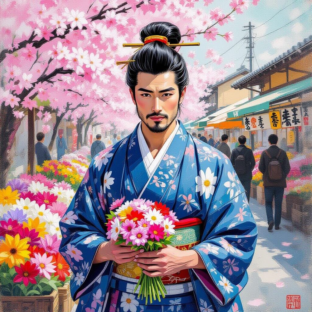 Melancholy Man Sells Flowers in Japanese Art Style