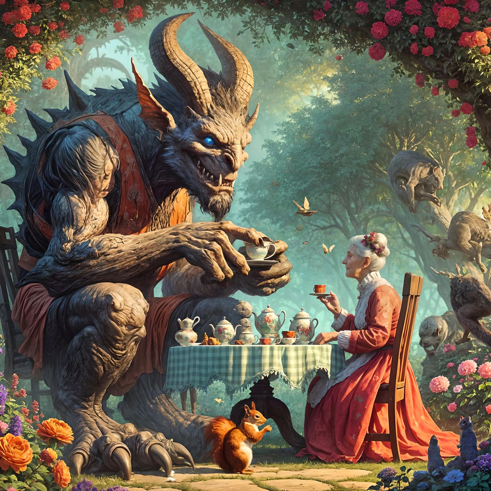 Fantasy Demon Tea Party in a Whimsical Garden