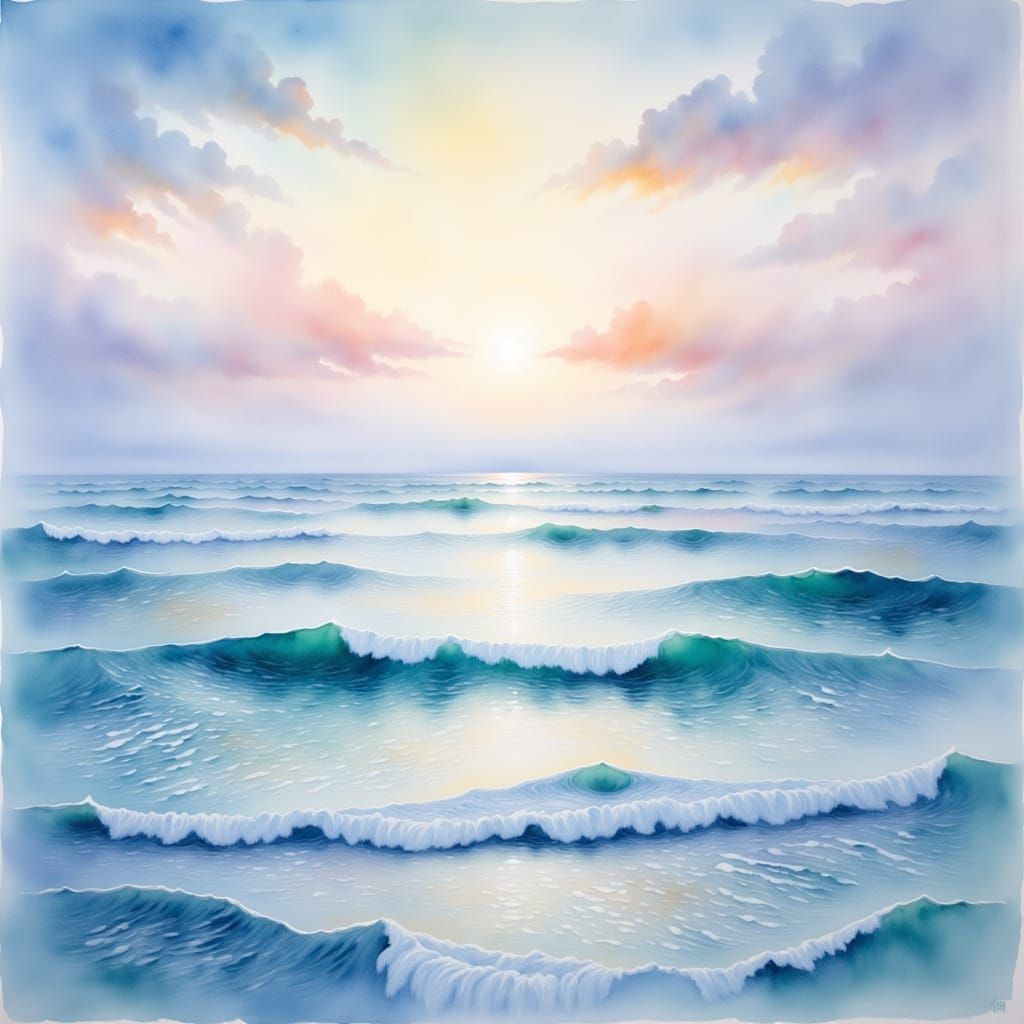 Dreamy Ocean Meets Pastel Sky in Impressionistic Style
