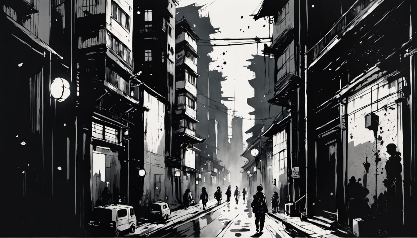 Urban Street Scene Under Celestial Glow in Sumi-e Style