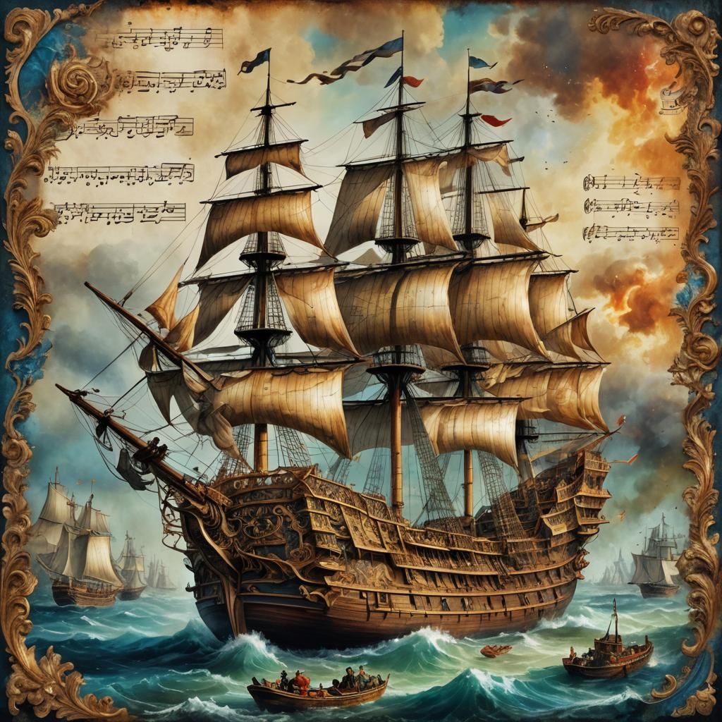 Louis XIV Fleet Ship Illustration on Sheet Music