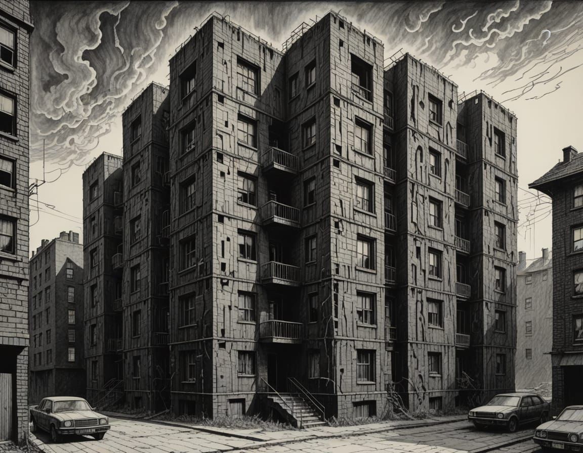 Brutalist Brick Apartment Building in Gothic Line Art