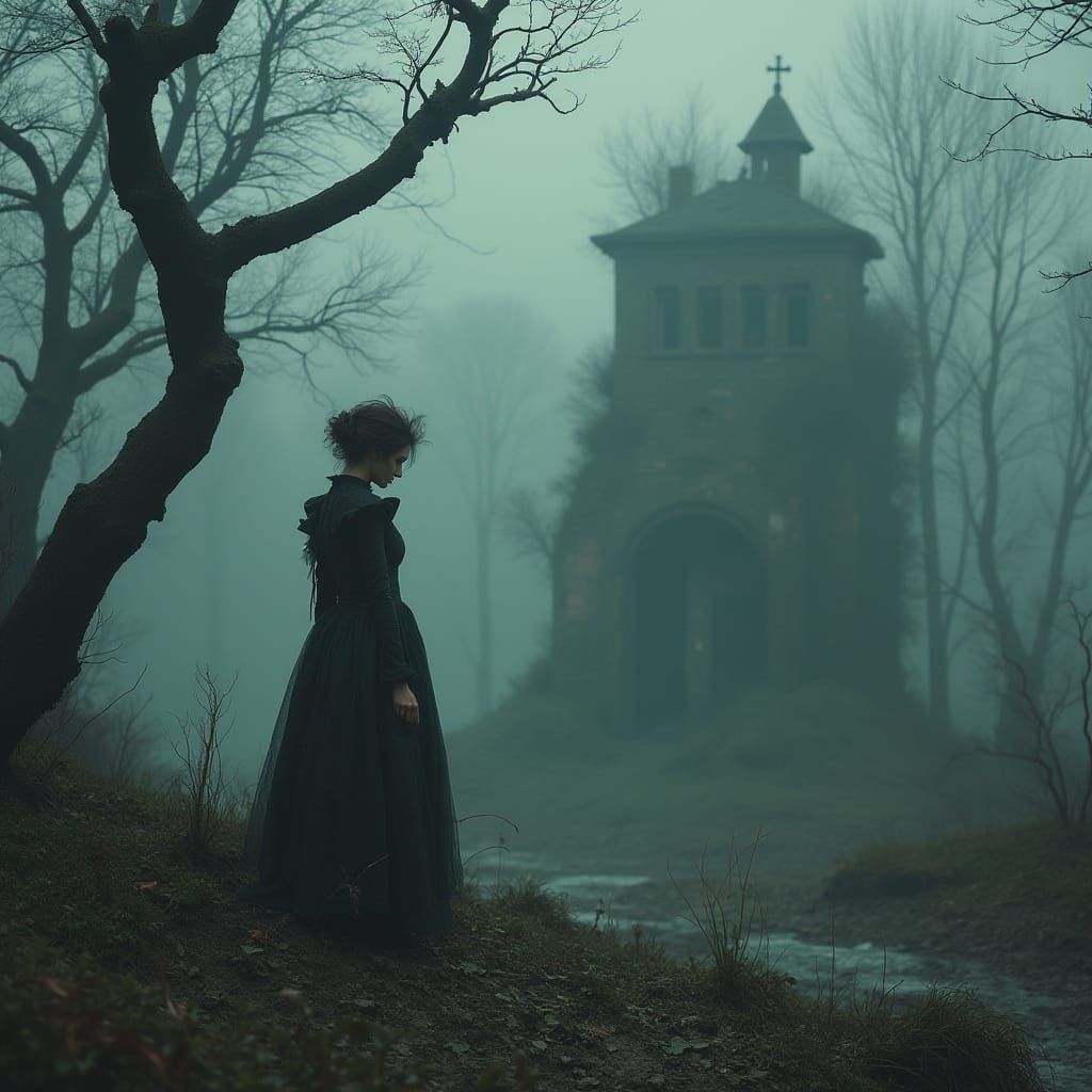 Eerie Island Scene with Mysterious Victorian Woman