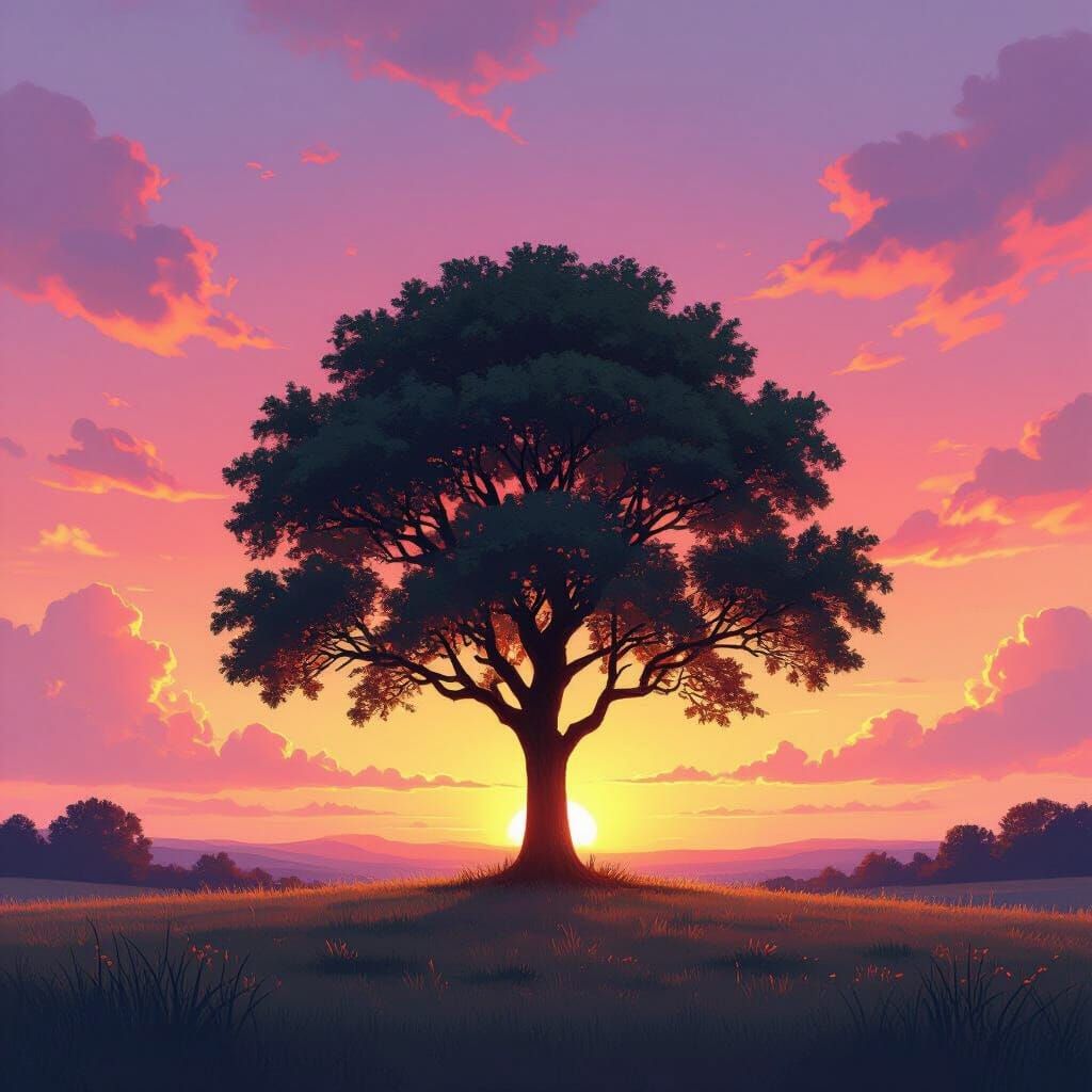 Majestic Tree at Sunset in Dreamy Art Style
