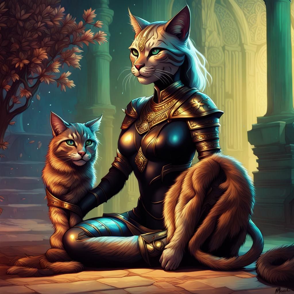 Celestial Khajiit Goddess in Comic Book Art Style