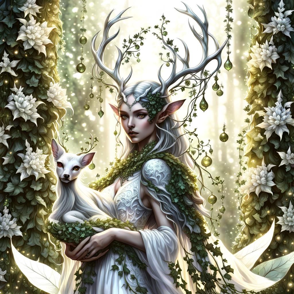 Silver Elven Nymph with Alien Fawn in Fractal Forest