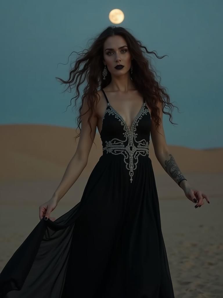 Gothic Greek Beauty Dancing in Moonlight Desert