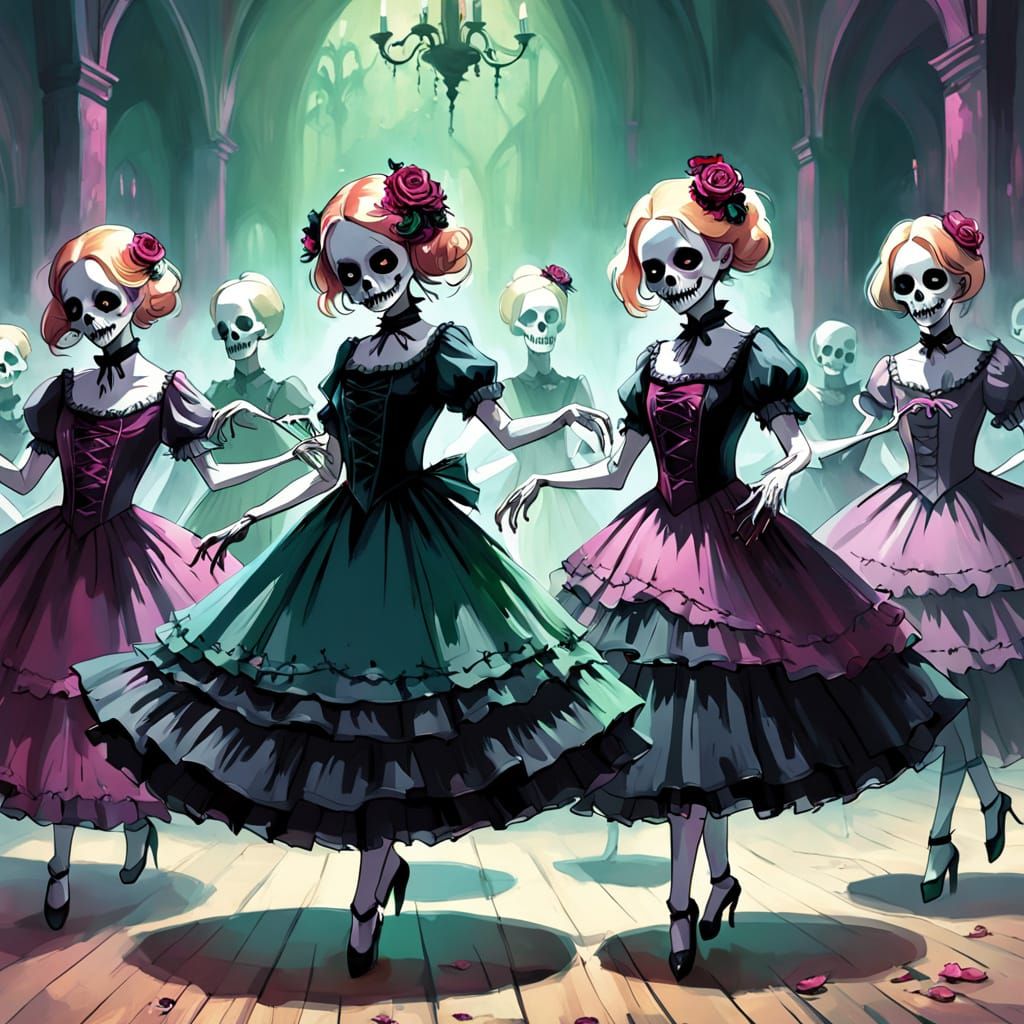 Undead Dancers in Ethereal Oil Painting with Fuchsia and Eme...