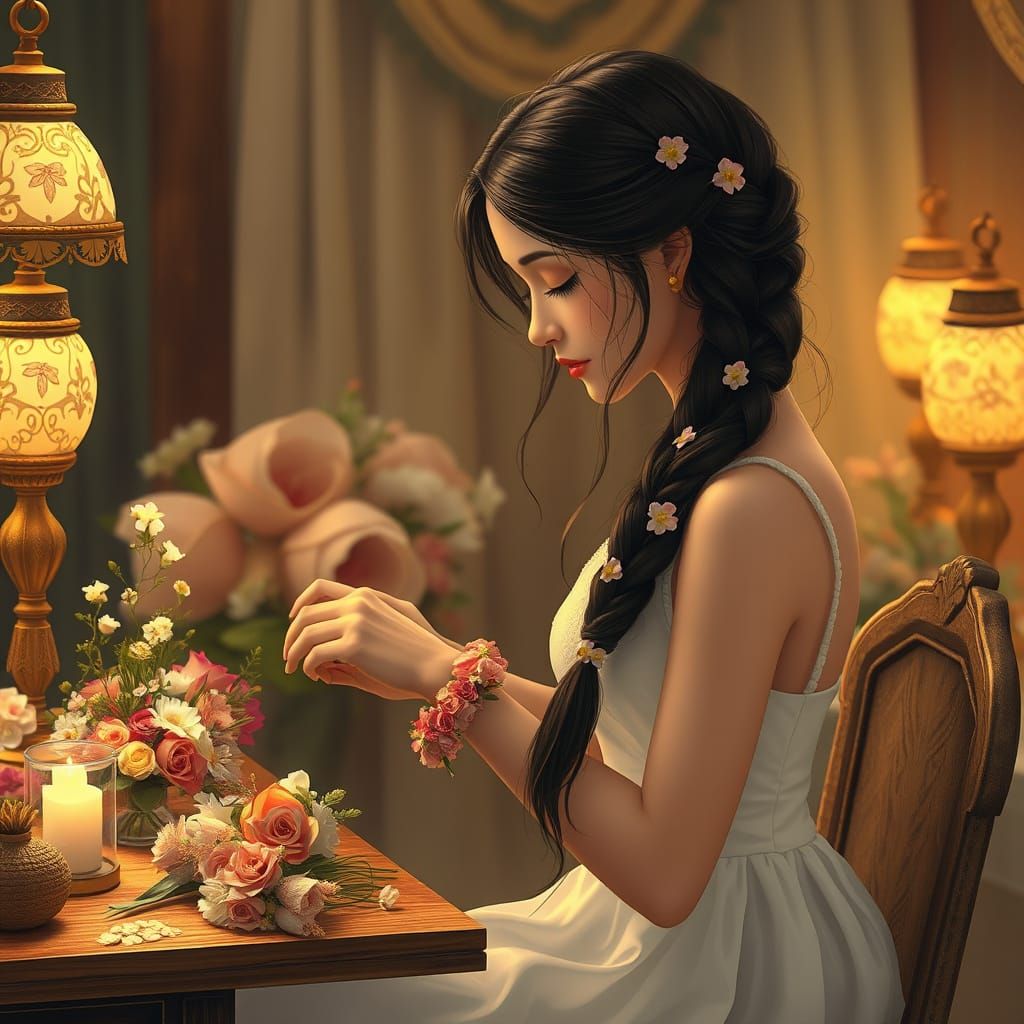 Romantic Wedding Scene with Floral Accents in Whimsical Styl...