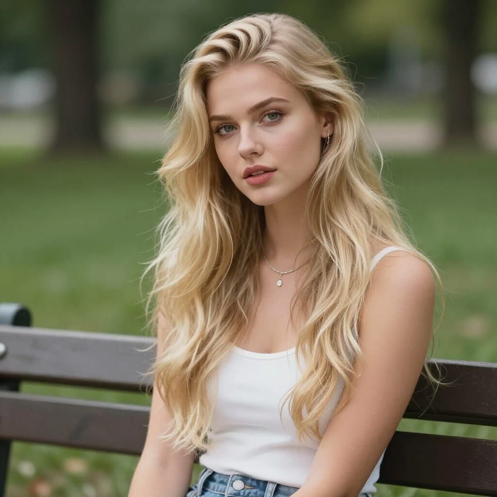 Ethereal Blonde Girl Sitting on Park Bench