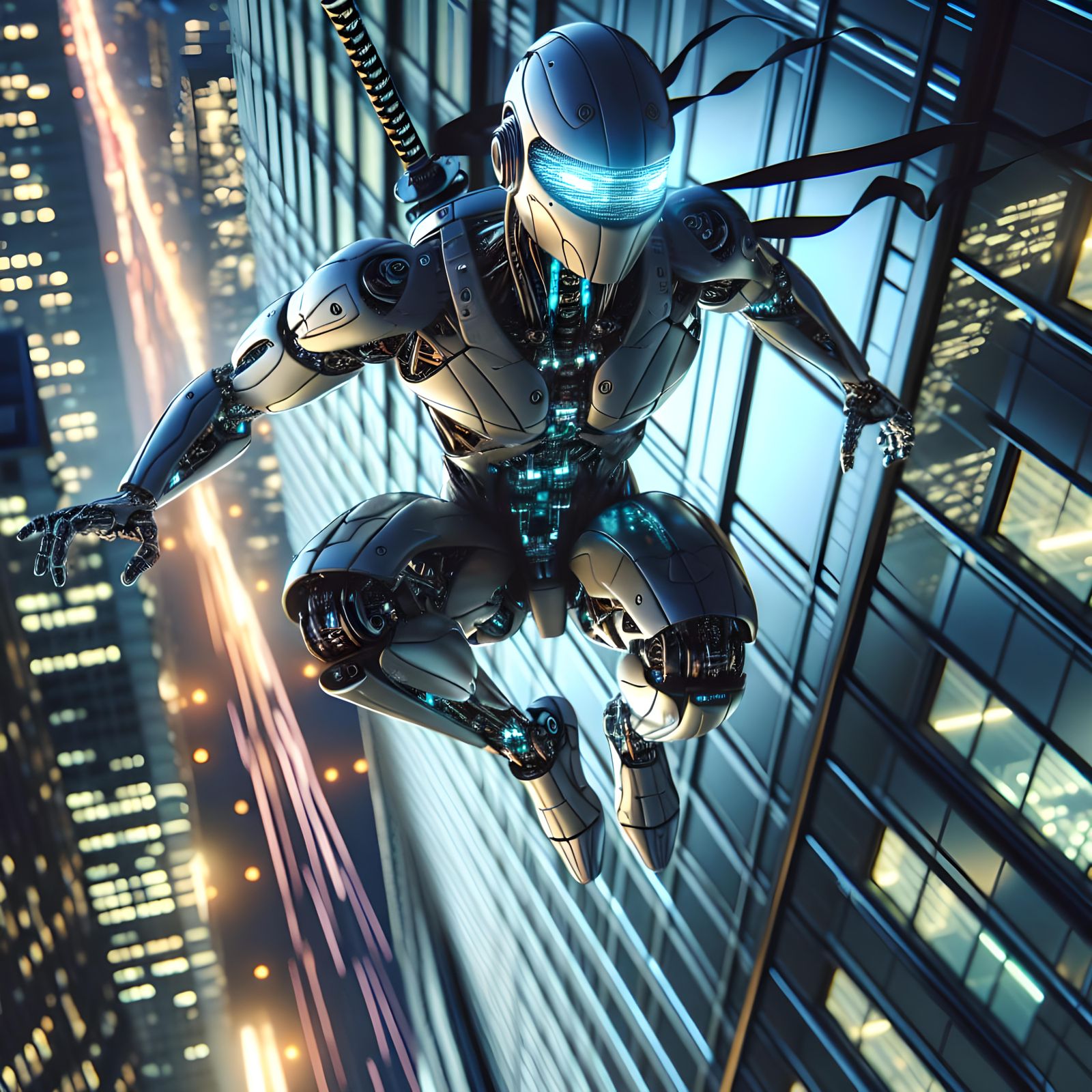 Futuristic Robot Ninja Slides Down Skyscraper