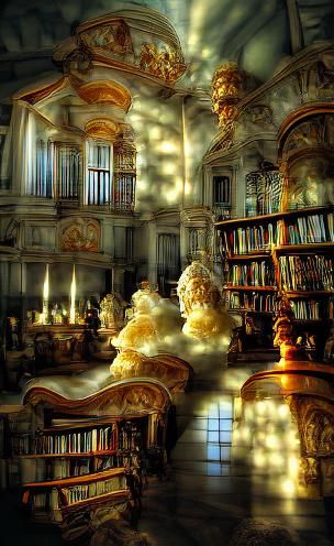 My more dreamed library is Baroque and illuminated by ethereal light
