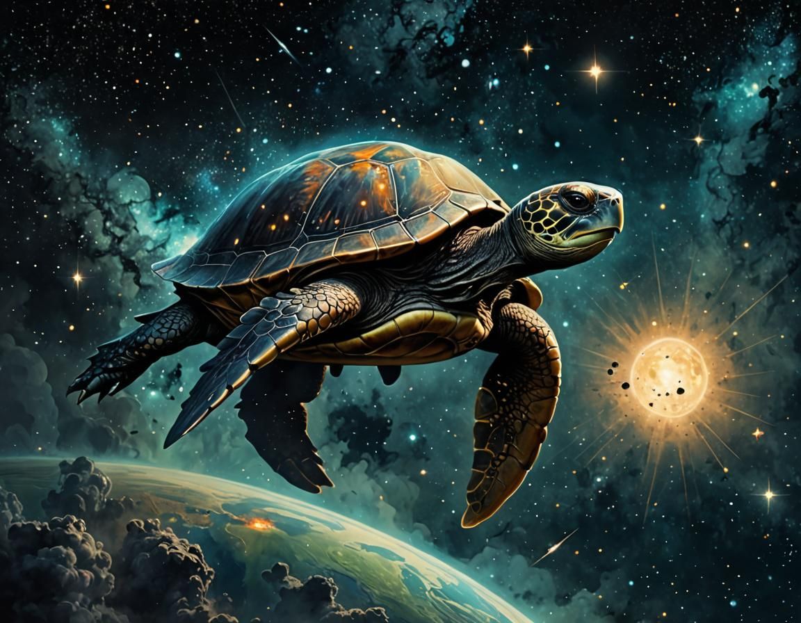Great Turtle Flies in Space: Dark Fantasy Splash Art