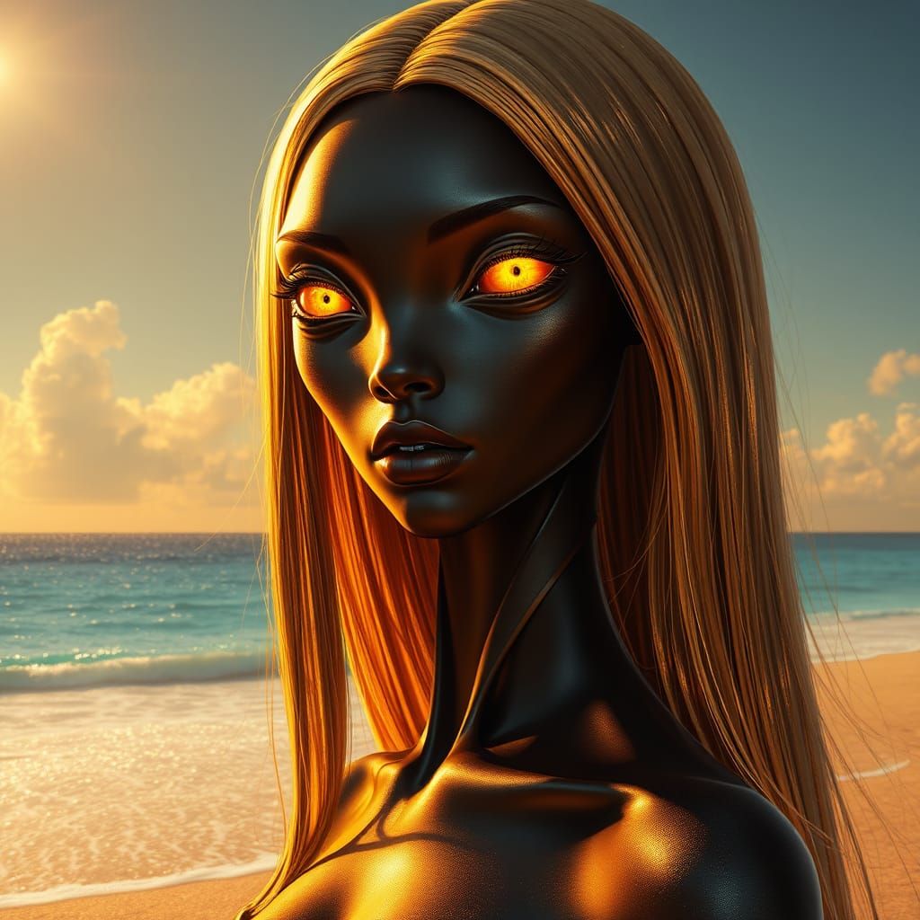 Ethereal Alien Goddess with Radiant Golden Hair and Eyes