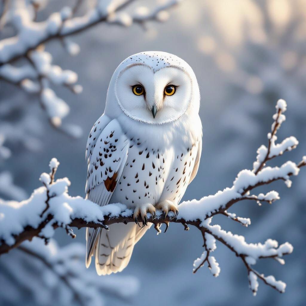Charming White Owl on Snowy Branch, Winter Illustration