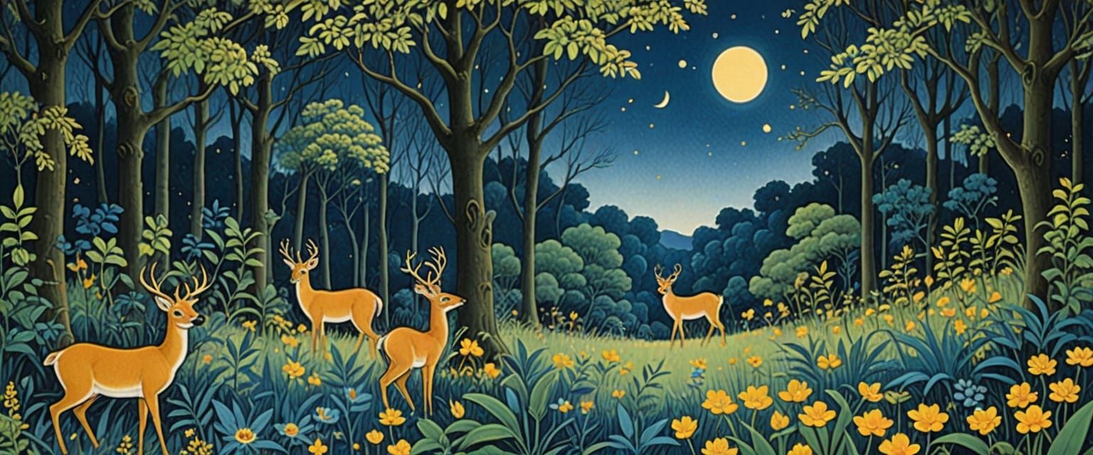 Mystical Forest Glade in Naive Folk Art Style