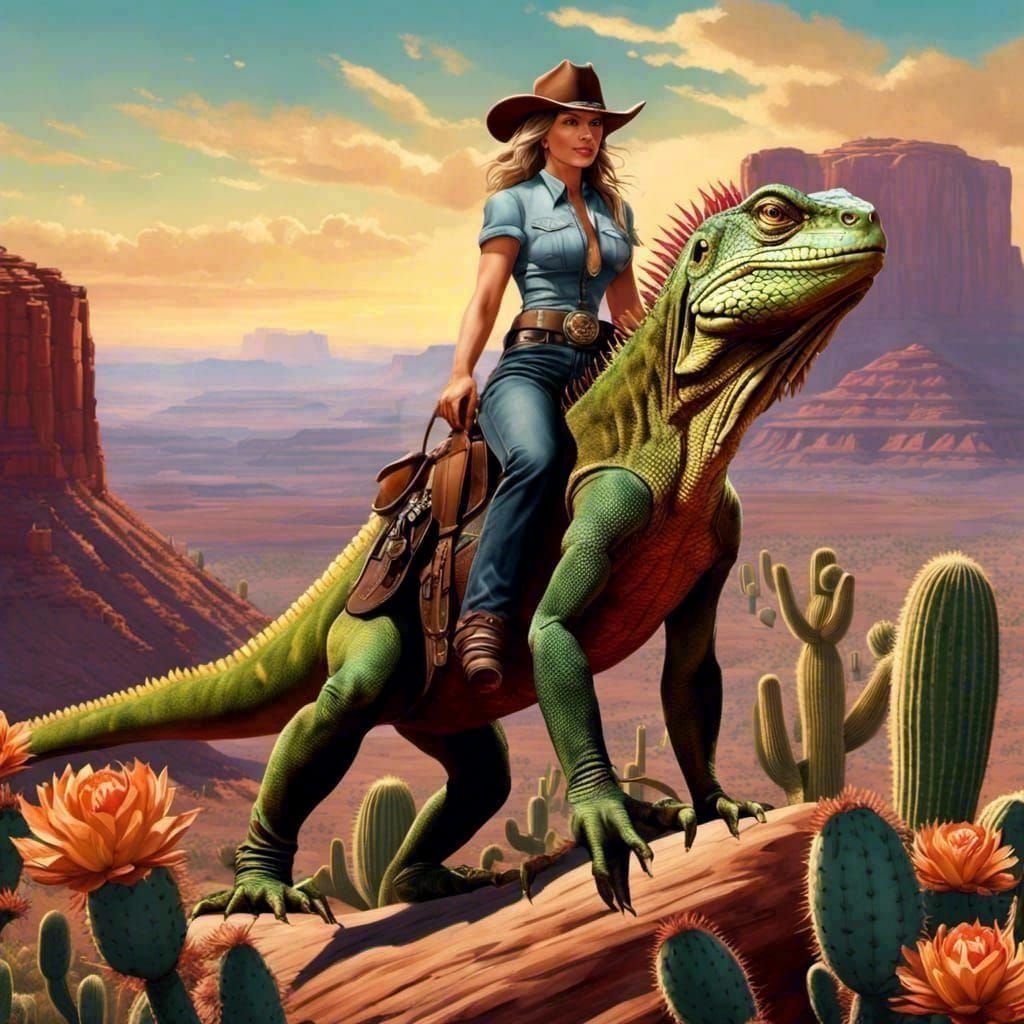 🏜️🌵Cowgirl Sheriff Patrolling The Desert On Her Trusty Iguana 🦎