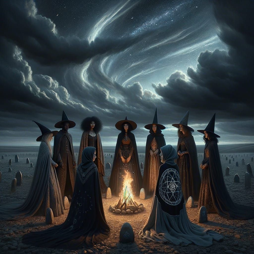 Diverse Witches Coven Around Mystical Bonfire on Barren Moor