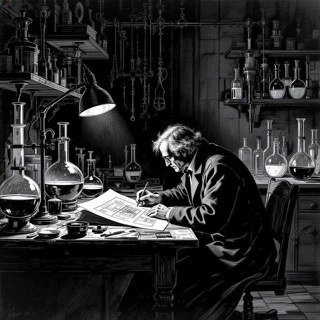 Scientist Studies Blueprint in Gothic Engraving Style