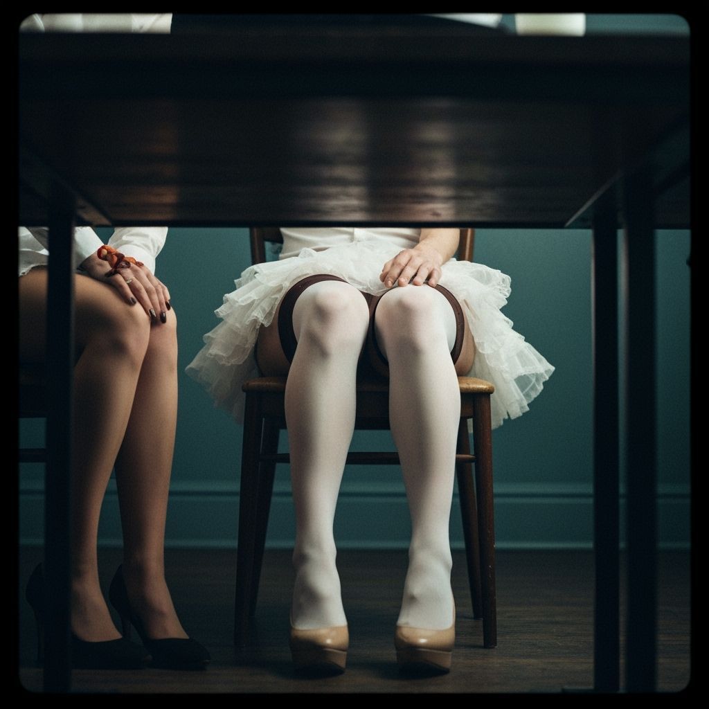 Under the Table: Legs in Stockings, Skirt, and Heels