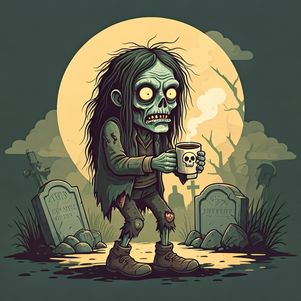 Zombie with Coffee in Retro Gothic Style