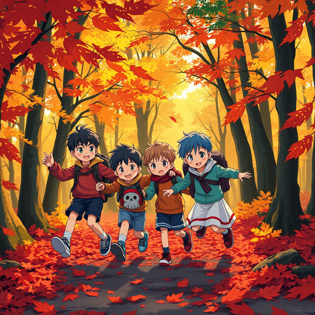 Kids Playing in Autumn Forest, Manga-Style Anime