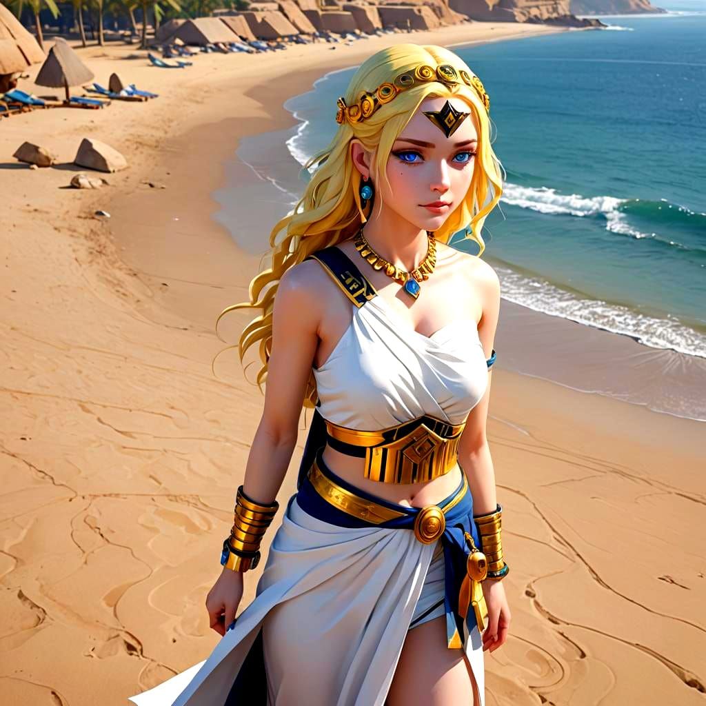 Anime Girl in Pharaonic Clothes on a Beach