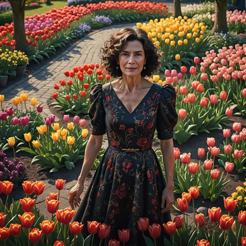Woman in Garden of Tulips: Detailed Matte Painting