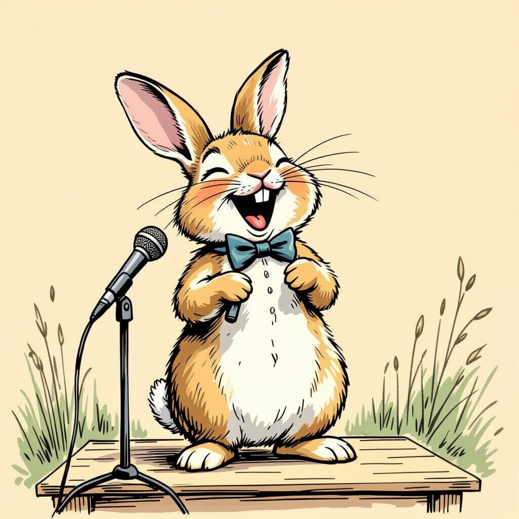 Rabbit Comedian on Stage, Cross-Hatch Illustration