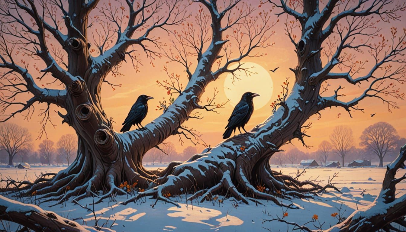 Surreal Tree with Flowers, Birds, Ravens and Snow