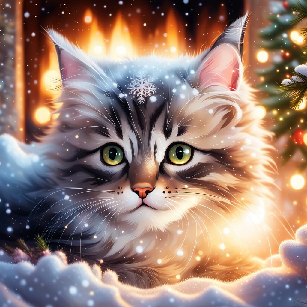 Whimsical Snowy Cottage with Hiding Kitten