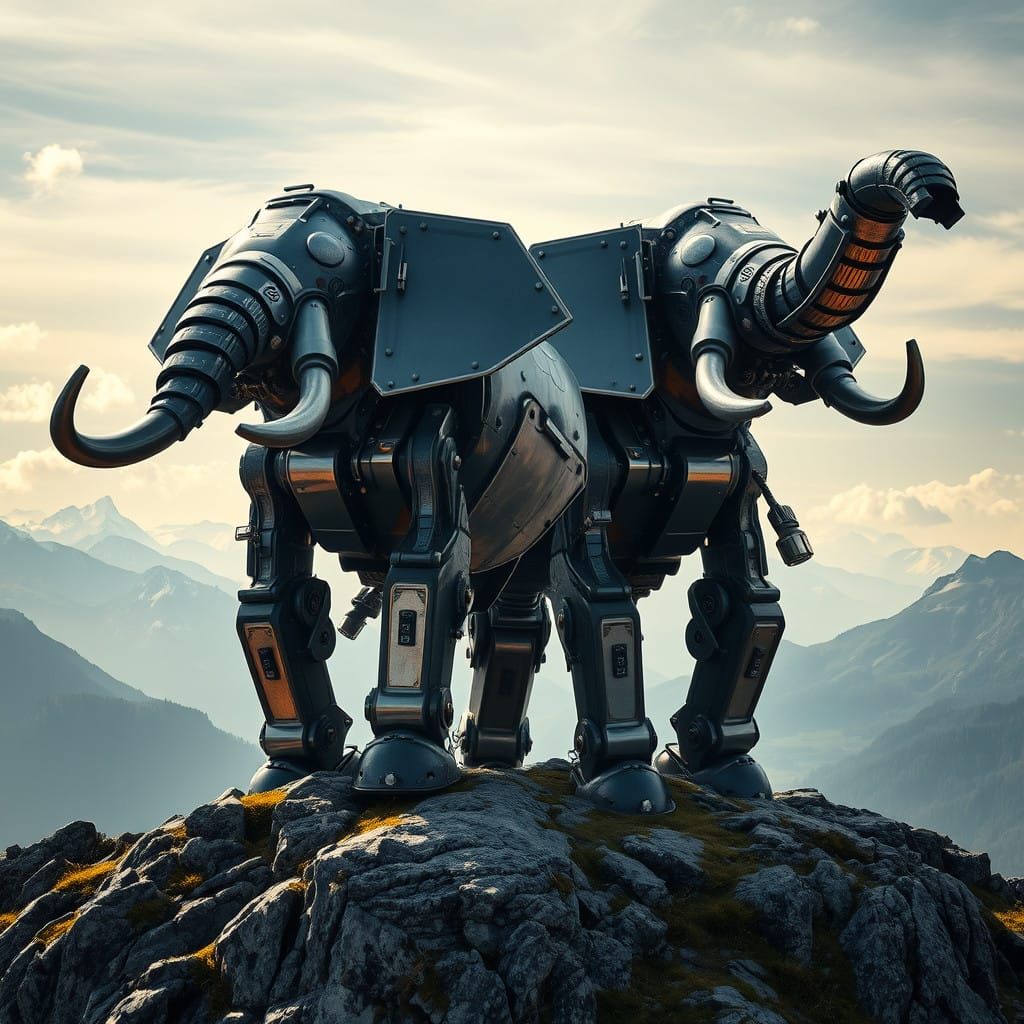 Mecha Elephants Ascend Swiss Alps in Cyberpunk Style