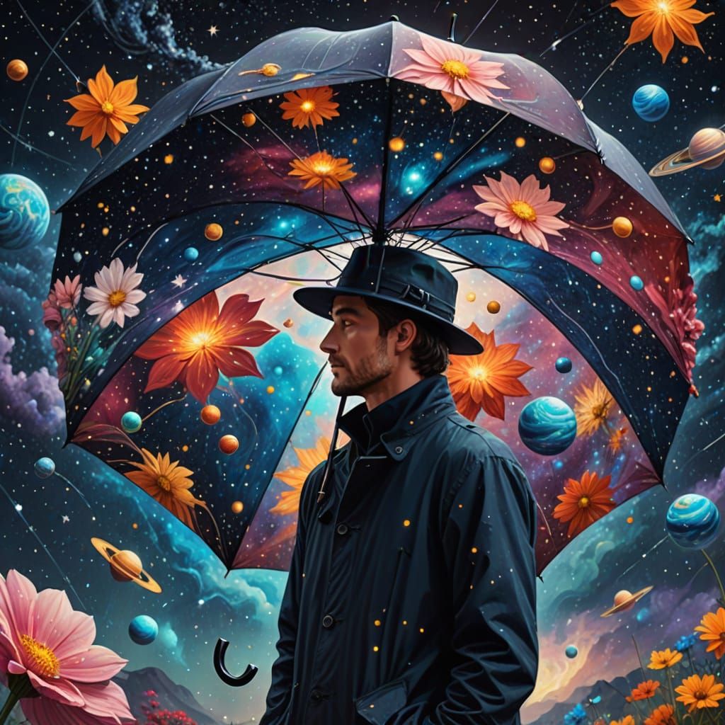 Cosmic Dream: Man Sheltering Under Galaxy Umbrella