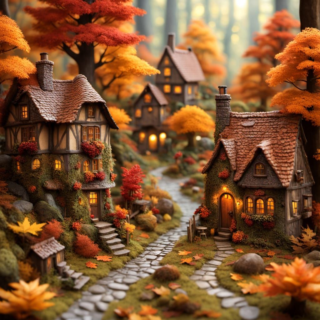 Enchanting Miniature Autumn Village in Forest