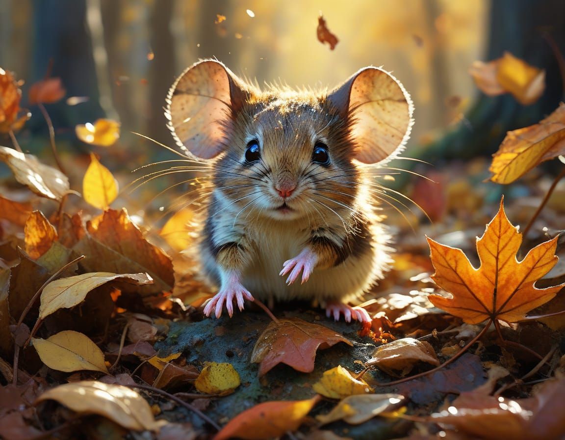 Chibi Mouse Diving Into Autumn Leaves in Leroy Neiman Style